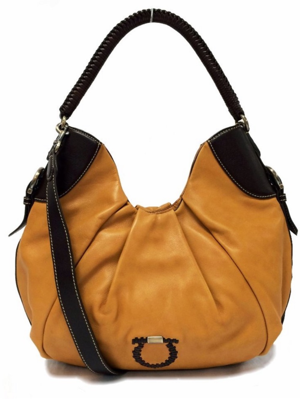 Salvatore Ferragamo Tan Leather Hobo Bag with Dark Brown Trim